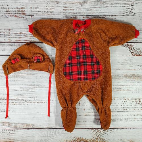 Vintage Baby Jumper / Christmas Teddy Bear Outfit Set / Costume Outfit Jumper / 1980s 80s / Brown Plaid / Medium 6M 6 Months 9M 9 Months