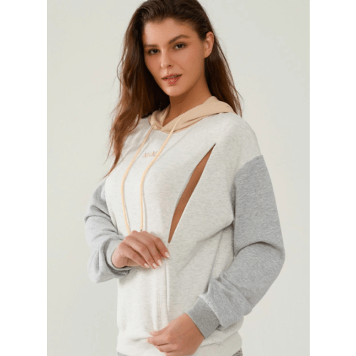 Giftymama Colorblock Nursing Side Zipper Hoodie with Pocket- Tan color- Size Large