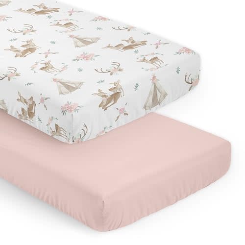 Sweet Jojo Designs Woodland Deer Floral Girl Baby Fitted Crib Sheet Set Infant Newborn Nursery Toddler Bed Room Standard Mattress 2p Pink Green Taupe Boho Bohemian Watercolor Forest Animal Shabby Chic