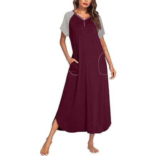 Ekouaer Long Nightgown Women's Loungewear Short Sleeve Sleepwear Full Length Sleep Shirt with Pockets