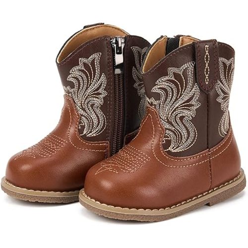 Newsonet Baby Cowboy Cowgirl Boots Infant Western Boots Toddler Boys Girls Round Toe Riding Mid Calf Boots All Seasons for 6 9 12 18 24 Months