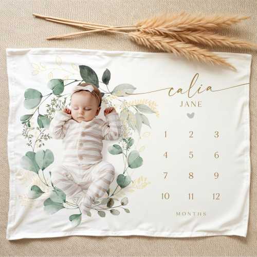 Greenery Baby Milestone Blanket, Greenery and Gold Baby Milestone Blanket, Girl Baby Monthly Milestone for Photos, Milestone CALIA