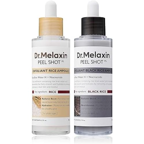 Dr.Melaxin Peel Shot Glow White and Black Rice Ampoule Duo, Soft Exfoliating Face and Body Scrub Dead Skin Cells, Blackheads Remover for All Skin Types