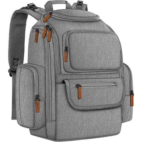 Mancro Diaper Bag Backpack, Multifunctional Baby Diaper Bag Backpack For Men Women with Stroller Straps, Travel Water Resistant Baby Diaper Backpack with 2 Side Insulated Pockets, White Grey