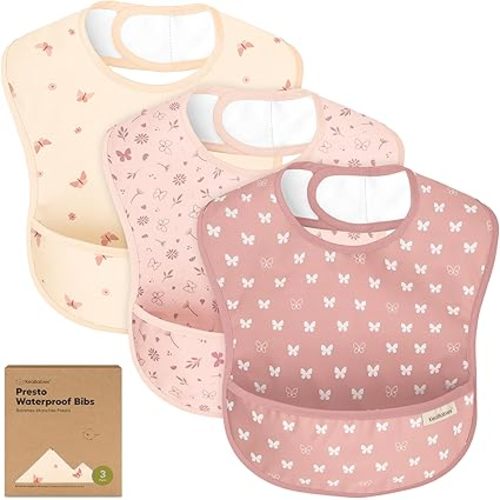 3-Pack Waterproof Baby Bibs for Eating - Lightweight Toddler Feeding Bibs with Large Food Catcher, Mess Proof, Food-Grade Baby Eating Essentials, Easy to Put On & Clean (Fleur)