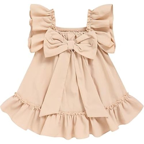 Sinhoon Toddler Girl Dress Flutter Sleeve Kids Hem Wrinkle-Resistant Back Bow Dress | Summer Fashion Dresses