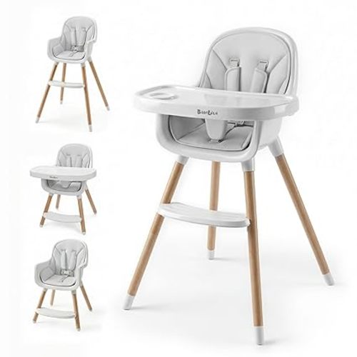 Baby High Chair, Wooden Highchair with Removable Tray, Adjustable Legs, Cushion, 5-Point Harness and Footrest for Infants, Baby, Toddlers, Gray | Removable Double Tray; 2 Height Modes; 5-Point Harness; Wipe-Clean Cushion; Footrest
