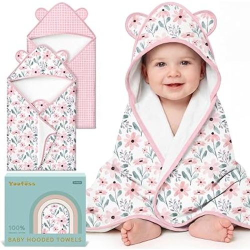 Yoofoss Hooded Baby Towels for Newborn 100% Organic Cotton Baby Bath Towel with Hood for Babies, Infant, Toddler and Kids, 32x32Inch, Soft and Absorbent Newborn Essential