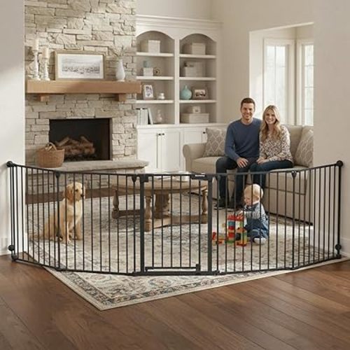Mumeasy 126" Extra Wide Baby Gate for Doorways, Stairs & Fireplace, Auto Close Safety Dog & Pet Gate with Walk Thru Door, Childproof Fence for Hallway Kitchen House Indoor Outdoor,5 Metal Panels,Black
