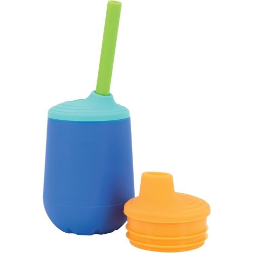 Nuby First Training Cup Set - Silicone Tumbler with Spout and Straw Combo - 4 oz - 6+ Months - Blue