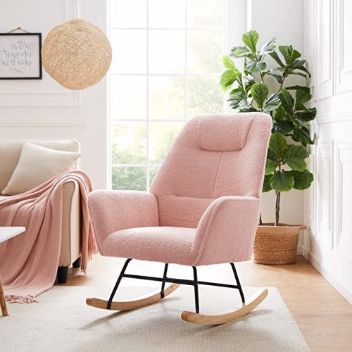 Tribesigns Nursery Chair Rocking Chair, Modern Microfiber Lamb Wool Accent Chair Armchair with Solid Wood Base, Upholstered Cute Nap Chair Single Sofa Chair for Home Living Room Bedroom (Pink)