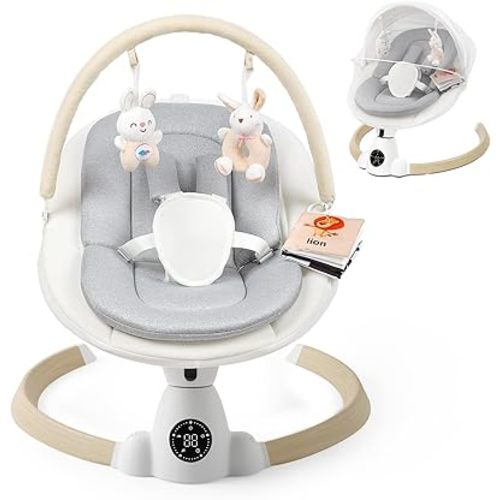 Baby Swing for Infants, Portable Electric Baby Swings with Bluetooth, 5 Swing Speed, 10 Lullabies, 5-Point Harness, Remote Control & Touch Panel - Infant Swing for Indoor & Outdoor Use, Wood Grain