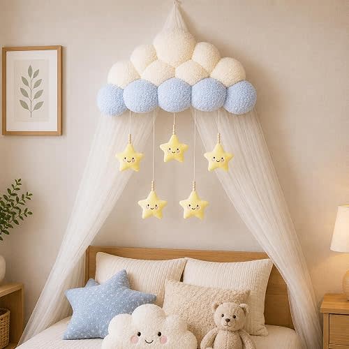 Kids Bed Canopy Cloud with Stars - Hanging Kids Canopy Bed Curtains, Reading Nook & Nursery Bedroom - Ceiling Canopy for Bed Curtains - Room Decor for Girls & Boys - Little Girl Bedroom Decor