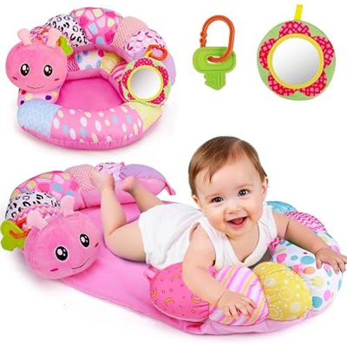 2 in 1 Baby Tummy Time Mat & Support Seated Pillow Infant Newborn Toys 0 1 2 3 4 5 6 Months Pink Caterpillar Sensory Developmental Playmat 0-6 3-6 12 Month Mirror Babies Girls Shower Gifts Essentials