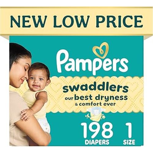 Pampers Swaddlers Diapers, Size 1 (8-14 lbs), 198 Count, Hypoallergenic, Absorbent, Keeps Baby Dry and Comfortable, Skin Safe Disposable Newborn Baby Diaper