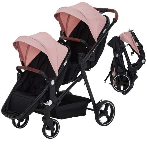 Collapsible Tandem Double Stroller for Infant & Toddler, Reversible Seat, Adjustable Backrest & Canopy, Large Storage Basket, 5-Point Safety Harness