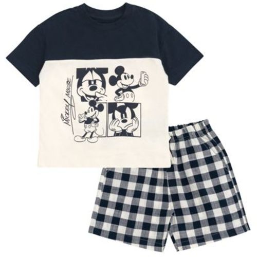 Disney Mickey Mouse Toddler Boys T-Shirt and Shorts Outfit Set Plaid Black / Cream 4T