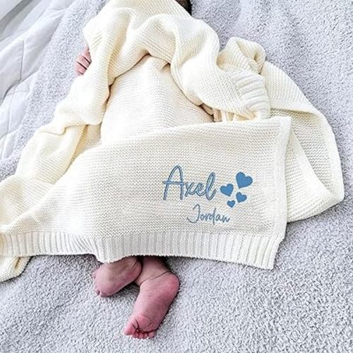 Luxury Personalized Baby Blanket, Soft Breathable Cotton Knit, Custom Embroidered Name Blanket, Newborn Baby Gift, Baby Shower Present, Gifts for New Mom, Baby Girl & Boy Style 3