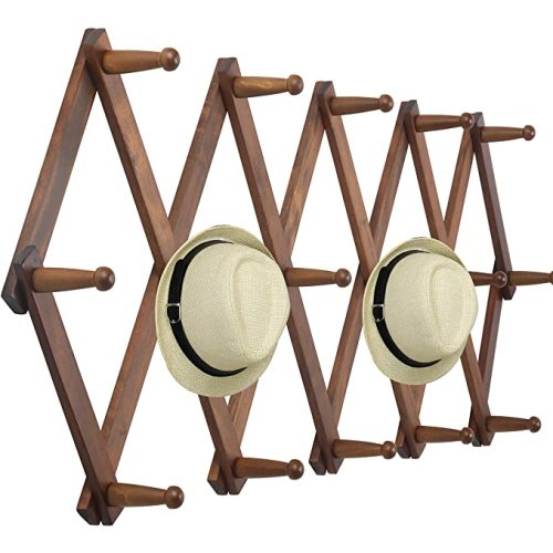 WEBI Accordion Wall Hanger, Wooden Coat Rack Wall Mounted, Hat & Cap Hook Rack, 16 Peg Hooks, Walnut Color