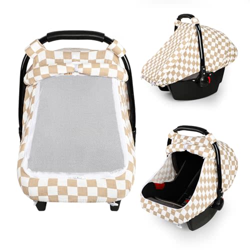DILIMI Car Seat Covers for Babies, Muslin Cotton Baby Car Seat Cover with Breathable Mesh Window, Summer Infant Car Seat Canopy for Boys Girls Newborn, Brown Plaid