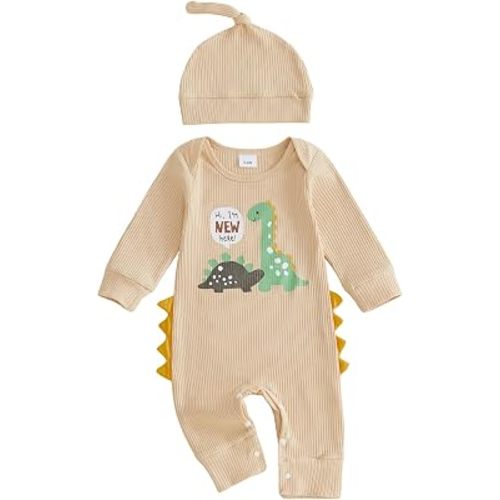 allshope Newborn Baby Boy Fall Outfit Romper Hi I'm New Here Dinosaur Print Long Sleeve Jumpsuit Bodysuit Cute Infant Clothes