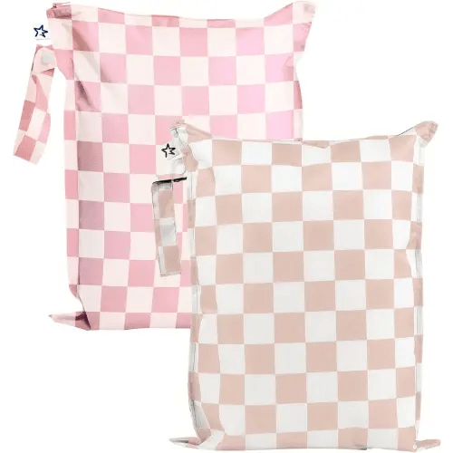 Tiny Twinkle Mess Proof Wet Bags | 2-Pack Reusable Waterproof Wet Bags for Swimsuits | Baby Clothes | Travel & Diaper Bag (Pink, Brown Checkers)