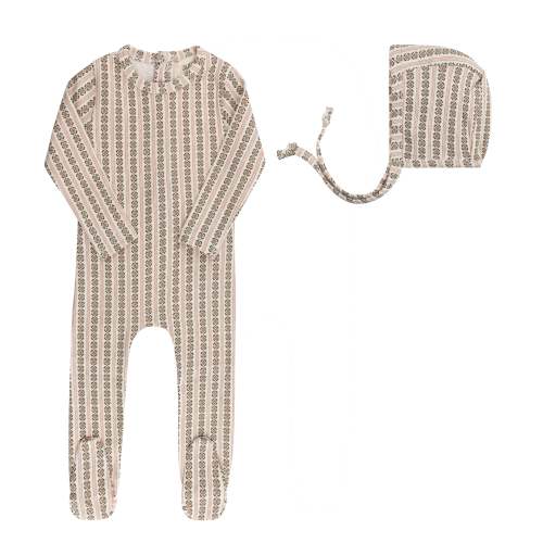 Baby Girl Footie (Stretchy) and Bonnet | Ribbed Cotton | Linear Leaf | Aurora Classics – Ely's & Co.