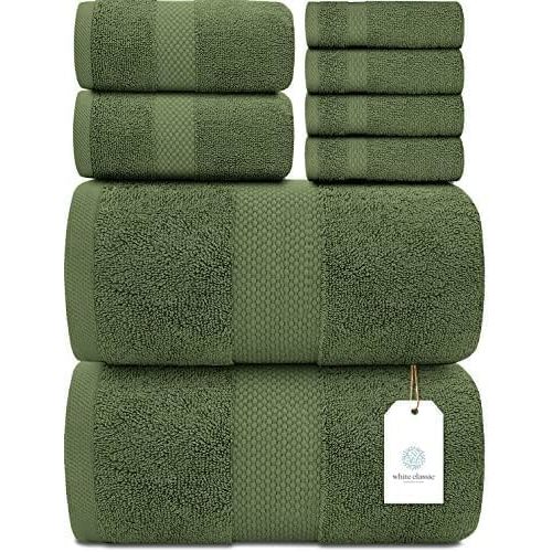 White Classic Luxury Bath Towel Set of 8 Pieces - 100% Turkish Cotton Highly Absorbent Towels for Bathroom, 2 Luxury Bath Towels 700GSM, 2 Hand Towels, 4 Washcloths, Forest Green