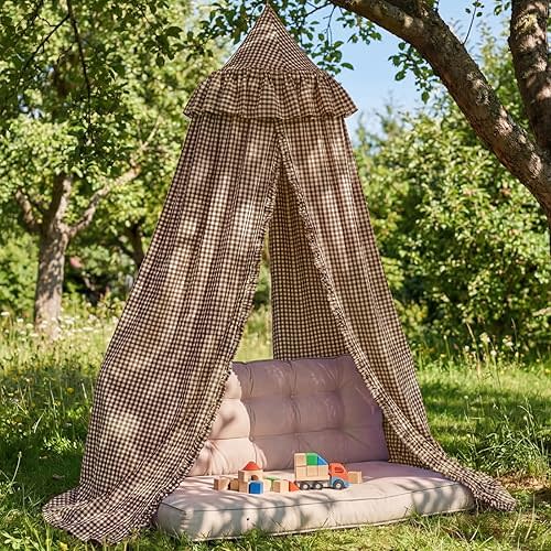 SmoothNovelty Gingham Plaid Bed Canopy, Brown White, Round