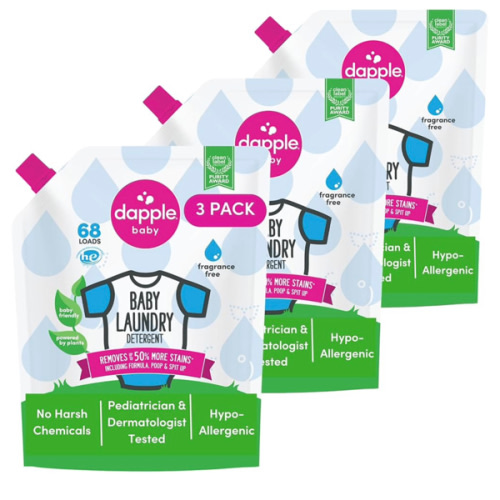 Dapple Baby Laundry Detergent, Powered by Plants, Concentrated, Hypoallergenic, Fragrance Free, Eco-Friendly Pouch, Stain Remover, 34 Fl Oz (3 Pack)