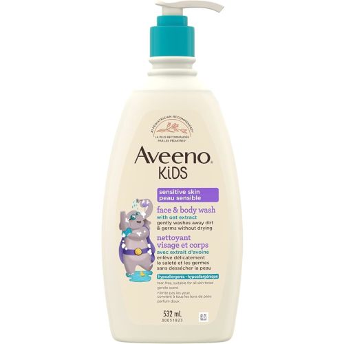 Aveeno Kids Face & Body Wash, Hypoallergenic, 2 in 1 Cleanser, Oat Formula, Sensitive Skin, Kids Shower Gel, 532 mL
