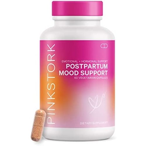 Pink Stork Postpartum Mood Support: Balance Hormones with Ashwagandha, Recovery with Prenatal Vitamins, Postpartum Essentials Formulated for Breastfeeding, Women-Owned, 60 Capsules