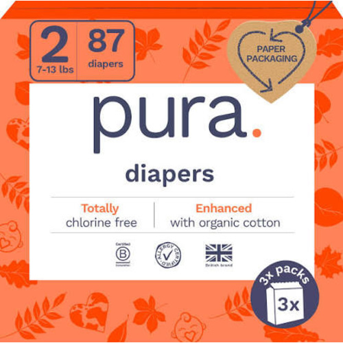 Pura Hypoallergenic Diapers, Size 2 (7-13 lbs) Totally Chlorine Free, Wetness Indicator, Suitable for Sensitive Skin, Soft Organic Cotton, Overnight, 3 Packs of 29 (87 Baby Diapers)