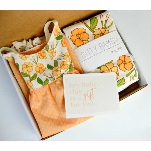 Handmade Baby Girl Gift Box | Puakenikeni Flower Print Dress & Burp Cloth Set | Size 6-12 Months | Made in Maui, Hawaii