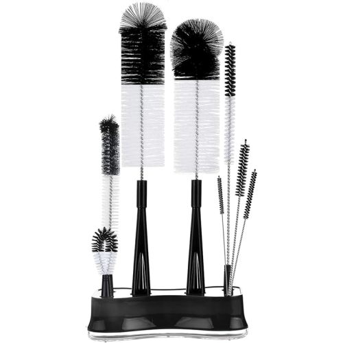ALINK 8 Pack Black Bottle Brush Cleaning Set with Stand, Long Handle Bottle Cleaner with Holder for Narrow Neck Beer Wine Brewing Bottles, Stanley Water Bottles, Baby Bottles, Tumblers, Carafe, Straws