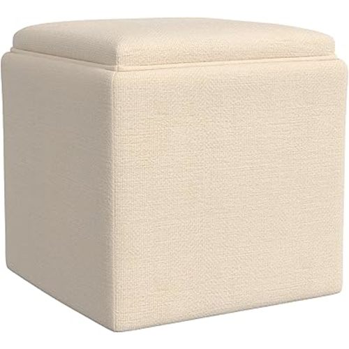 Homepop Home Decor |HomePop Storage Ottoman with Tray Top|Upholstered Modern Square Storage Ottoman with Storage for Living Room & Bedroom, Cream Woven