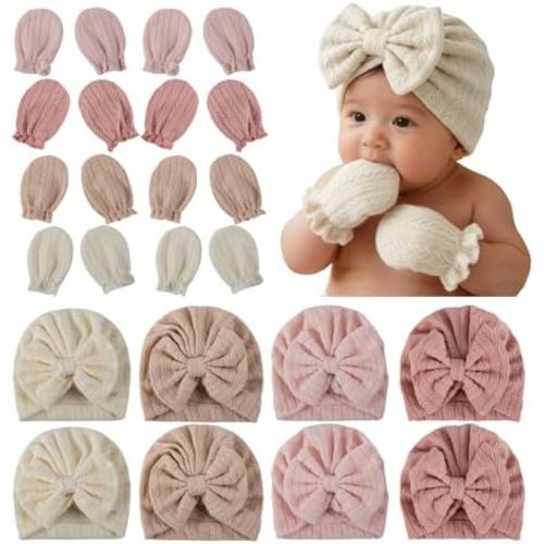 8 Sets Newborn Baby Hats & Mittens Cotton Preemie Infant Bow Beanies Caps Gloves Hospital New Born Boy Girl 0-3 Month