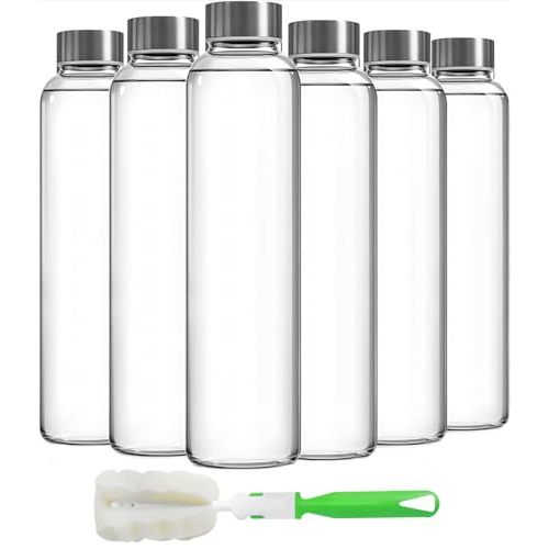 Epica Clear Glass Bottles with Lids 18oz Water Bottles, Steel Cap, 6-Pack | Reusable Travel-Friendly Juice bottles Rust-Resistant Durable Glass Stainless steel Air and Water Tight Lids 100% Leak Proof