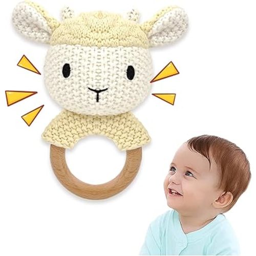Sheep Baby Rattle for Newborn Plush Rings Crochet Lamb Teether Toy Baby Shower Wood Handle Textured Sensory Grip Fine Motor Skills Teething Toy Cute Farm Animal Plush Stuffed Stuffer Photo Prop