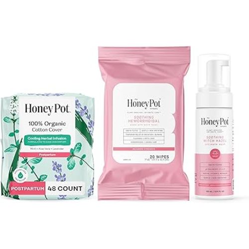The Honey Pot Company - Postpartum Essentials Bundle - 48ct Postpartum Pads, Witch Hazel Feminine Wash, 20ct Witch Hazel Feminine & Hemorrhoid Wipes