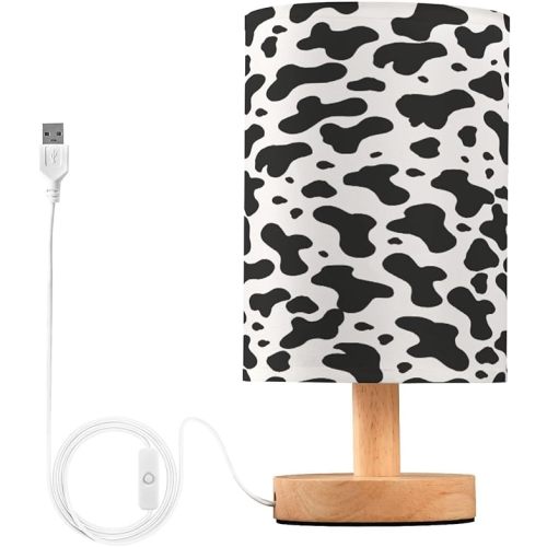 YETTASBIN Cow Print Bedside Table Lamp, Small LED Desk Light USB Nightstand Lamp with Non Slip Wood Base & Eye-Friendily Lampshade for Living Room Bedroom Dorm Home Office Desk Decor