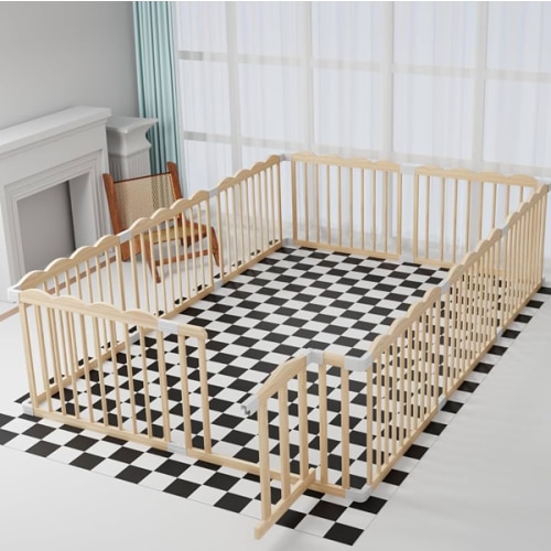 Baby Playpen, Wooden Playpen for Babies and Toddlers, Large Adjustable Wooden Baby Playard with Locking Gate (102x67x24 Inch)