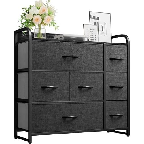 YITAHOME Fabric Dresser with 7 Drawers - Storage Tower with Large Capacity, Organizer Unit for Living Room - Sturdy Steel Frame, Easy Pull Fabric Bins & Wooden Top (Black/Grey)