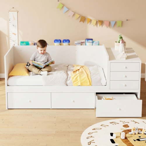 MIDOQIN 2-in-1 Convertible Baby Crib, Toddler Bed & Daybed with Changing Table, 6 Storage Drawers and Solid Wood Guardrails for Newborn to Toddler, White