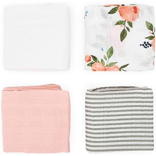 Little Unicorn Cotton Muslin Squares 4 Pack | Nursing, Burping, Feeding, Wiping, Spills | Super Soft and Lightweight Blanket for Baby Boys and Girls | 27.5” x 27.5” (Watercolor Roses Set)