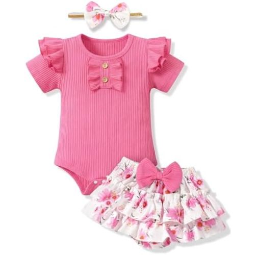 HONGTEYA Infant Baby Girl Clothes Newborn Summer Outfits Cute Romper Shorts Set Floral Girl Clothes with Headband