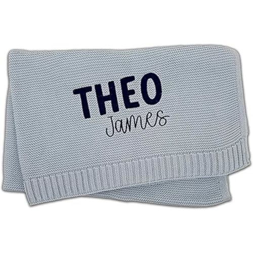 Hickory Hollow Designs Personalized Baby Blanket with Name, Embroidered Baby Blanket, Newborn Baby Essentials Must Haves, 100% Cotton, Blue Baby Blanket, Custom Blanket, (Light Blue)