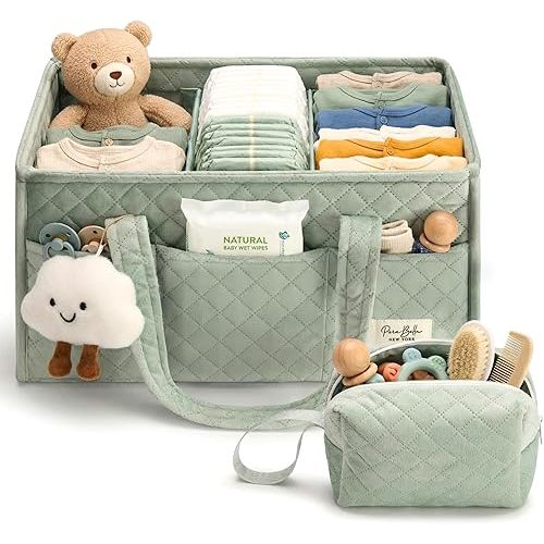 PeraBella Baby Diaper Caddy Organizer, Baby Basket Shower Gift, Portable Changing Table Basket, Postpartum Caddy & Tote Bag Pouch, Newborn Boy & Girl Nursery Essentials Registry, Car Diaper Organizer