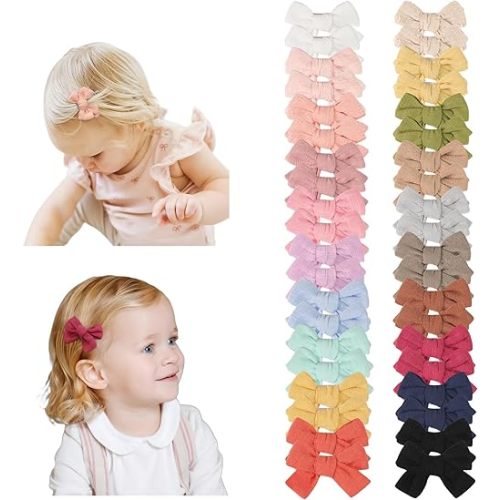 CÉLLOT 40 Pieces 2inch Girls Hair Bows Linen Fabric Bows Alligator Clips Hair Accessories for Baby Toddlers and Infants（20 Pairs Mini Bow）