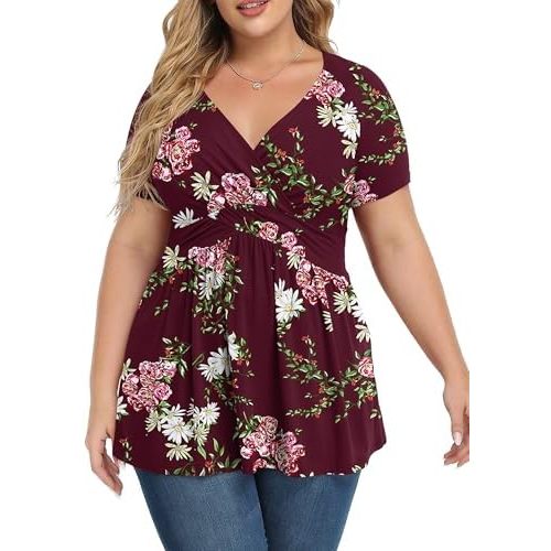 TIANZHU Women's Plus Size Dressy Tops Wrap Shirt Short Sleeve Tunic Top V Neck Low Cut Cute Blouse